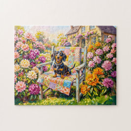Puzzle Escena de dachshund sentado en un banco de jardín 