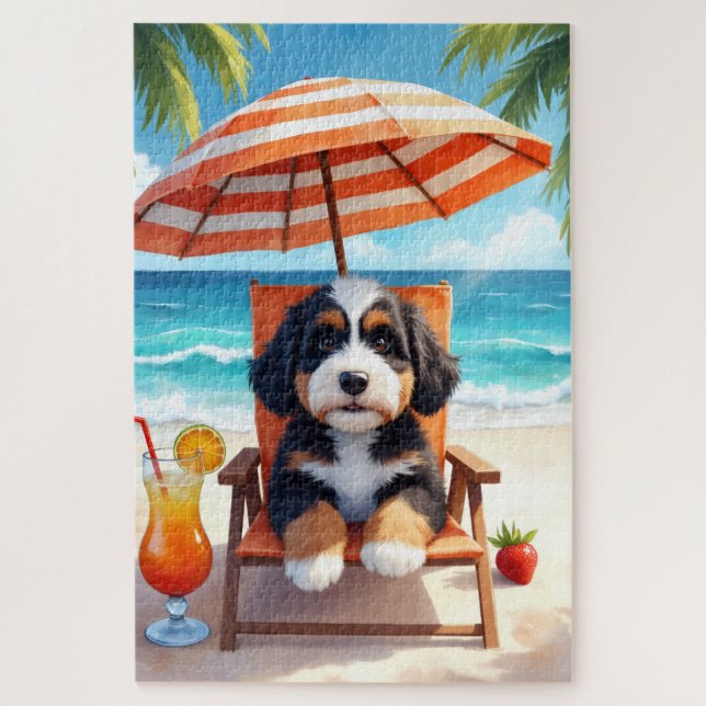 Puzzle Escena de descanso de Bernedoodle en la playa (Vertical)