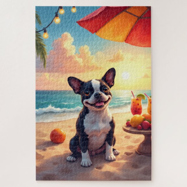 Puzzle Escena de fiesta de Boston Terrier en la playa (Vertical)