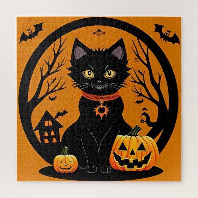 Puzzle Escena de gato negro de Halloween Jack O Lantern (Vertical)