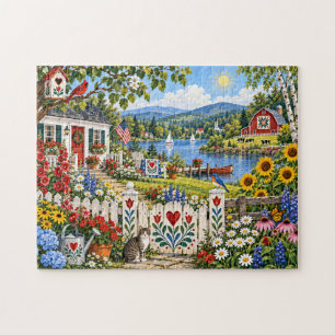 Puzzle Escena de granja de cottage de arte popular