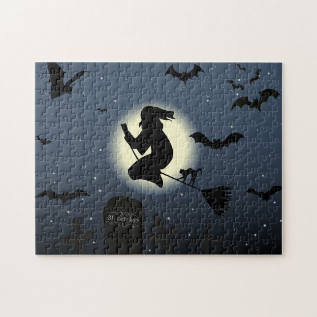 Puzzle escena de halloween de brujas voladoras (Horizontal)