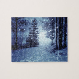 Puzzle Escena de invierno del bosque mágico iluminado por