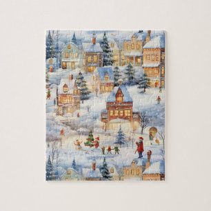 Puzzle Escena de la aldea de la nieve en invierno