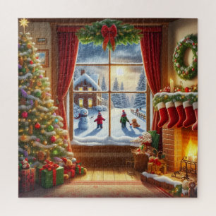 Puzzle Escena de la ventana Navidades acogedores