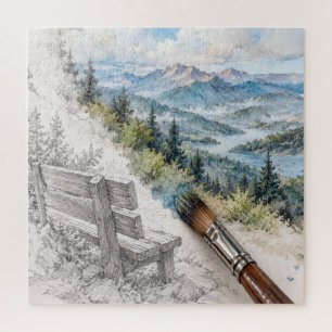 Puzzle Escena de montaña emergiendo de boceto a pintura