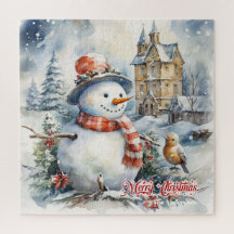 Escena de Navidades de invierno con hombre de niev