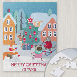 Puzzle Escena de Navidades infantiles con animales de Woo<br><div class="desc">Rompecabezas personalizadas para niños con una bonita escena de Navidades animales de bosque. La plantilla está preparada para que usted añada el nombre de su hijo en la nieve y, si lo desea, puede editar la frase "Feliz Navidad". La escena de la nieve de los Navidades tiene animales boscosos disfrutando...</div>