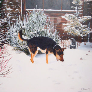 Puzzle Escena de nieve de invierno con perro negro lindo