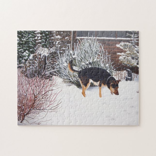 Puzzle Escena de nieve de invierno con perro negro lindo  (Horizontal)