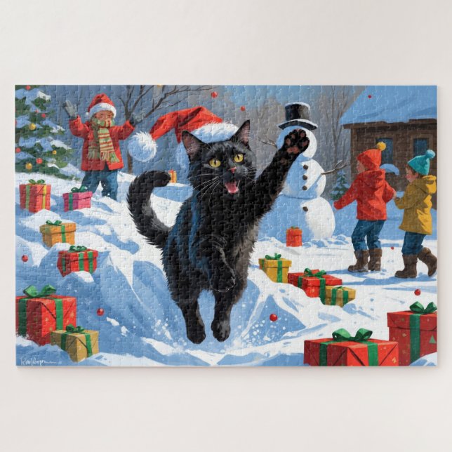Puzzle Escena de nieve festiva para Navidades de gato neg (Horizontal)