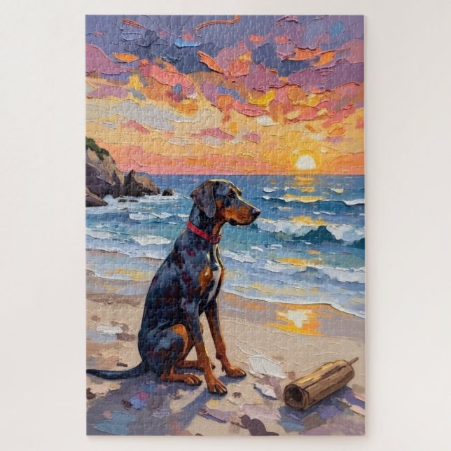 Puzzle Escena de playa al atardecer con Bluetick Coonhoun (Vertical)