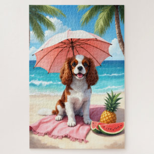 Puzzle Escena de playa con Cavalier King Charles Spaniel