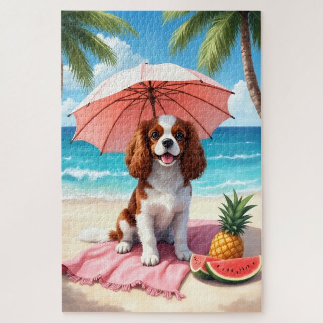 Puzzle Escena de playa con Cavalier King Charles Spaniel (Vertical)