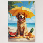 Puzzle Escena de playa con Golden Retriever relajado<br><div class="desc">Un Golden Retriever alegre disfrutando de un día soleado en la playa bajo una sombrilla brillante con frutas frescas y vistas al océano. El estilo pictórico crea un ambiente costero cálido y acogedor.</div>