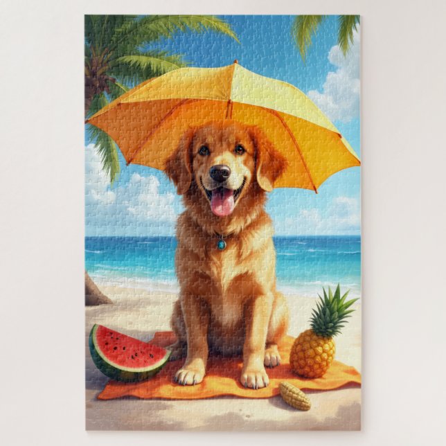 Puzzle Escena de playa con Golden Retriever relajado (Vertical)