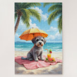 Puzzle Escena de playa con Lagotto Romagnolo<br><div class="desc">Un esponjoso Lagotto Romagnolo relajándose en un entorno de playa tranquila con frutas tropicales y vistas al océano. El detalle pictórico crea un ambiente costero suave y alegre.</div>