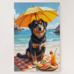 Puzzle Escena de playa con Norwegian Lundehund<br><div class="desc">Un Norwegian Lundehund único disfrutando de un entorno de playa luminoso con frutas tropicales y vistas al océano. El detalle pictórico crea un ambiente costero animado y refrescante.</div>