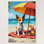 Puzzle Escena de playa con Terrier Jack Russell<br><div class="desc">Un juguetón Terrier Jack Russell disfrutando de un brillante entorno de playa con frutas tropicales y vistas al océano. El estilo pictórico crea un ambiente costero animado y alegre.</div>