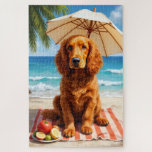 Puzzle Escena de playa Setter Rojo Irlandés<br><div class="desc">Un elegante Setter Rojo Irlandés disfrutando de un cálido entorno de playa con frutas tropicales y vistas al océano. El estilo pictórico realza su aspecto elegante con un vibrante ambiente costero.</div>