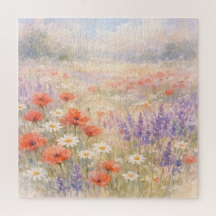 Puzzle Escena de pradera de flores silvestres en acuarela