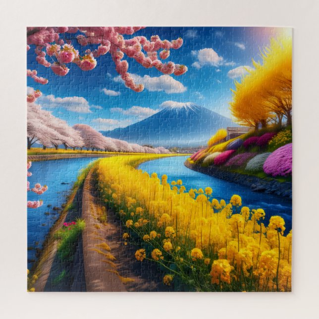 Puzzle Escena de primavera con flores de cerezo y montaña (Vertical)