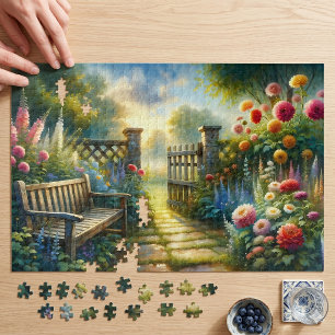 Puzzle Escena de puerta de camino de jardín iluminado por