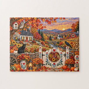 Puzzle Escena de puerta de campo de otoño de arte popular