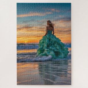 Puzzle Escena de puesta de sol en el océano con una mujer