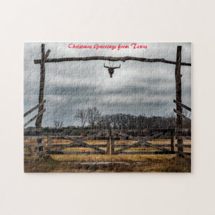 Puzzle Escena de rancho en Texas. Saludos de Navidad