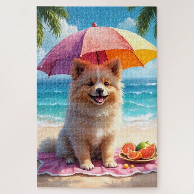 Puzzle Escena de Relajación de Keeshond en la Playa (Vertical)