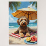 Puzzle Escena de relajación de Otterhound en la playa<br><div class="desc">Un Otterhound relajado disfrutando de un entorno de playa tranquilo con frutas tropicales y vistas al océano. El estilo pictórico crea una atmósfera costera cálida y pacífica.</div>