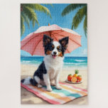 Puzzle Escena de relajación de Papillon en la playa<br><div class="desc">Un delicado Papillon disfrutando de un entorno de playa luminoso con frutas tropicales y vistas al océano. El estilo pictórico crea un ambiente costero suave y alegre.</div>
