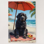Puzzle Escena de Relajación en la Playa de Terranova<br><div class="desc">Un gentil Terranova disfrutando de un entorno de playa pacífico con frutas tropicales y vistas al océano. El estilo pictórico crea una atmósfera costera calmada y fuerte.</div>