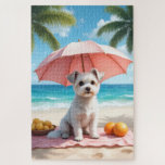 Puzzle Escena de relajación en la playa maltesa<br><div class="desc">Un delicado maltés disfrutando de un entorno tranquilo en la playa con colores suaves,  frutas frescas y vistas al océano. El detalle pictórico crea una atmósfera costera suave y elegante.</div>