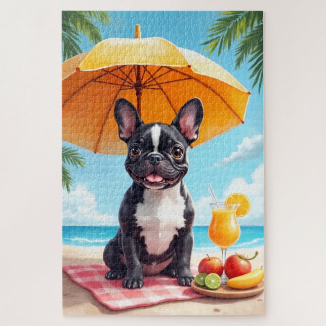 Puzzle Escena de relax de Bulldog Francés en la playa (Vertical)