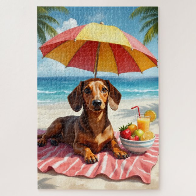 Puzzle Escena de relax de Dachshund en la playa (Vertical)