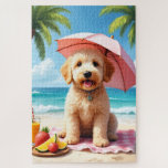 Puzzle Escena de relax de Goldendoodle en la playa<br><div class="desc">Un Goldendoodle esponjoso relajándose en un entorno de playa luminoso con frutas tropicales y vistas al océano. El detalle pictórico crea un ambiente costero suave y alegre.</div>
