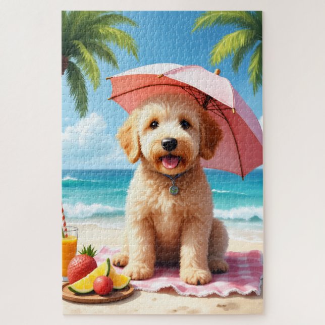 Puzzle Escena de relax de Goldendoodle en la playa (Vertical)
