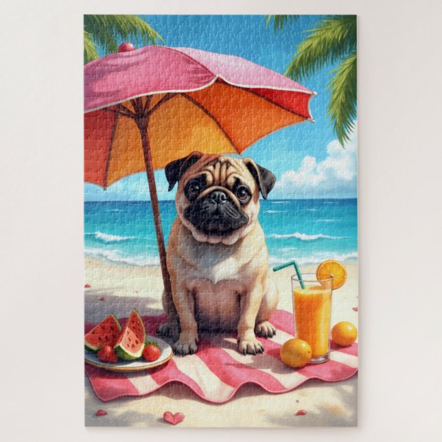 Puzzle Escena de relax de Pug en la playa (Vertical)