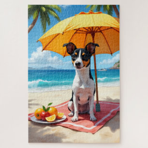Puzzle Escena de relax de Rat Terrier en la playa