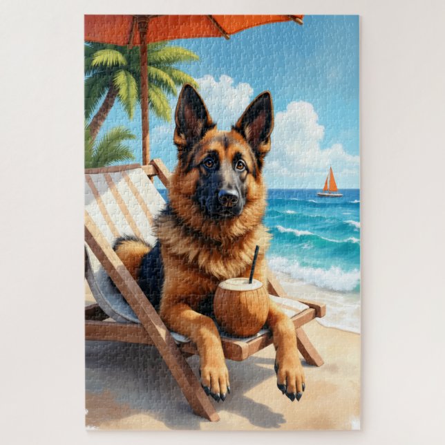 Puzzle Escena de relax en la playa con pastor belga (Vertical)
