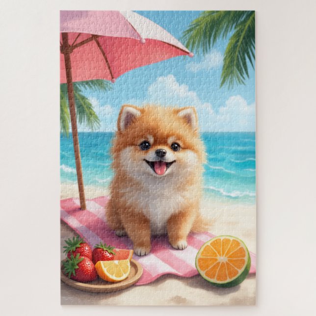 Puzzle Escena de relax en la playa con Pomerania (Vertical)