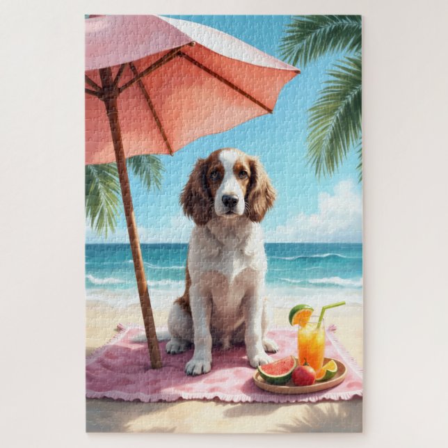 Puzzle Escena de relax en la playa con Setter Inglés (Vertical)