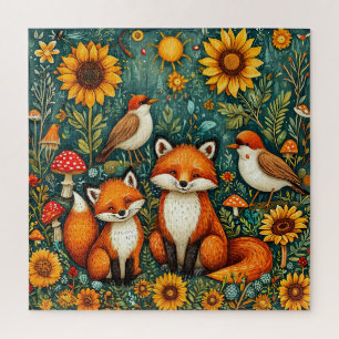 Puzzle Escena del bosque con zorros, pájaros, girasoles