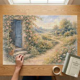 Puzzle Escena del camino floral de la puerta azul del jar