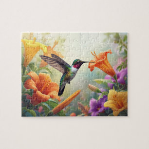Puzzle Escena del jardín de colibrí y lirio naranja