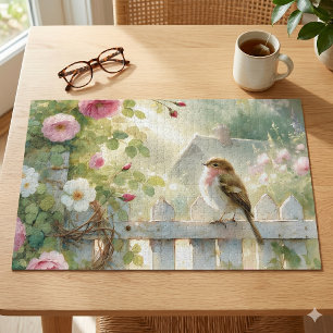 Puzzle Escena en Acuarela de Pájaro con Rosas de Jardín
