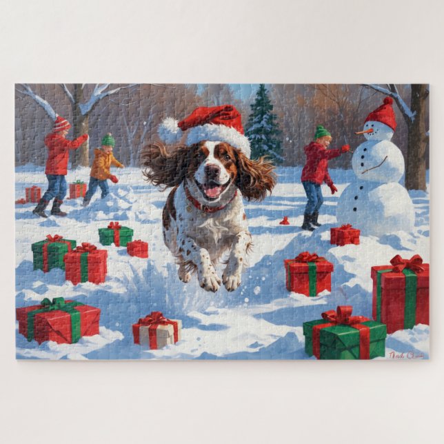 Puzzle Escena festiva de Navidad con Brittany Spaniel en  (Horizontal)