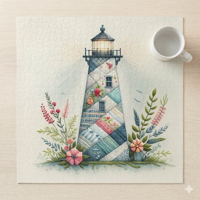 Puzzle Escena floral del faro de patchwork costero (Patchwork Lighthouse Coastal Floral Scene Jigsaw Puzzle)